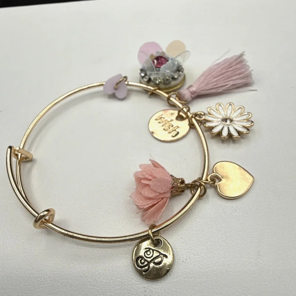 Plunder Charm Bracelet‎ Pink Flower Heart Tassel Adjustable 6.5 - 7.5 in